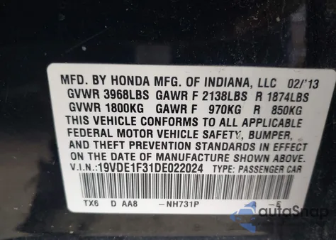 2013 Acura Ilx 2.0L z USA, uszkodzony, nr VIN 19VDE1F31DE022024